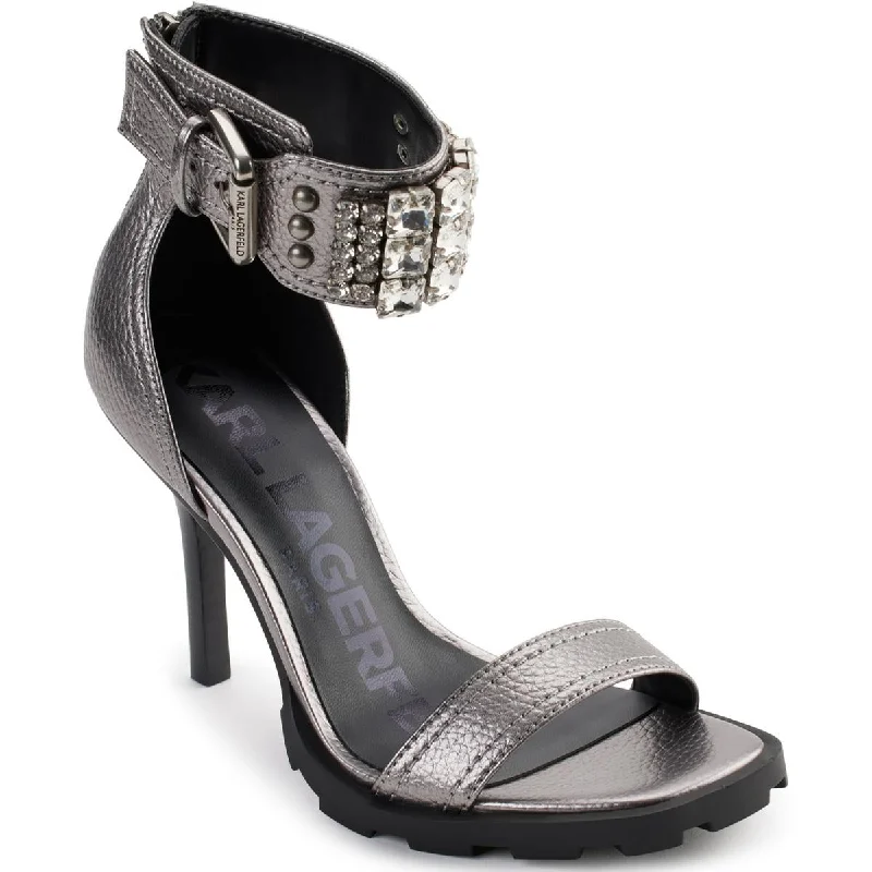 Women's Rhinestone - Embellished Open - Toe Sandals in Silver for a Glamorous Party LookKarl Lagerfeld Paris Womens Malinda Leather Dressy Heels