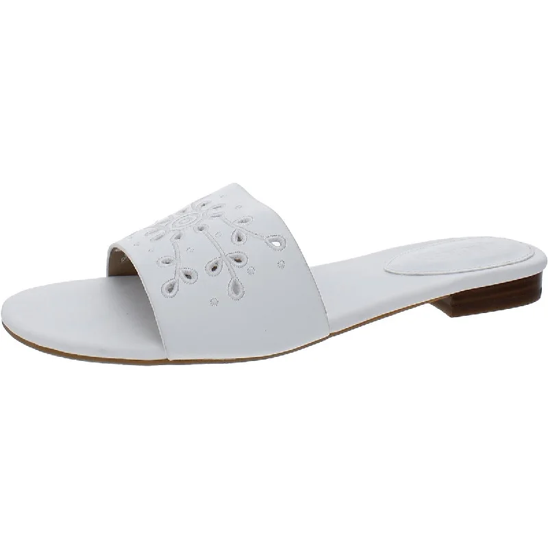 Women's Flat Slide Sandals with a Memory Foam Insole in White for All - Day ComfortLauren Ralph Lauren Womens ANDEE EYLT Leather Slip On Slide Sandals