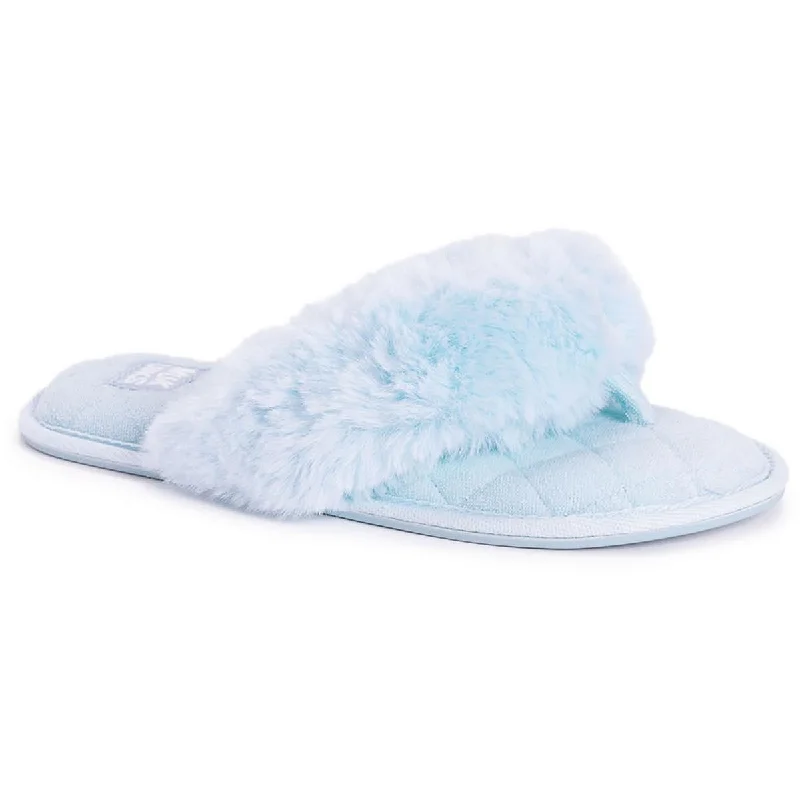 Women's Flat Slide Sandals with a Memory Foam Insole in White for All - Day ComfortMuk Luks Womens Maren Faux Fur Flip-Flop Thong Sandals